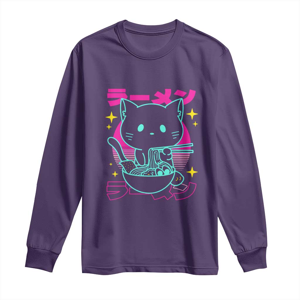 Kawaii Ramen Cat Long Sleeve Shirt Retro Japanese Noodles Lover Anime Aesthetic - Wonder Print Shop