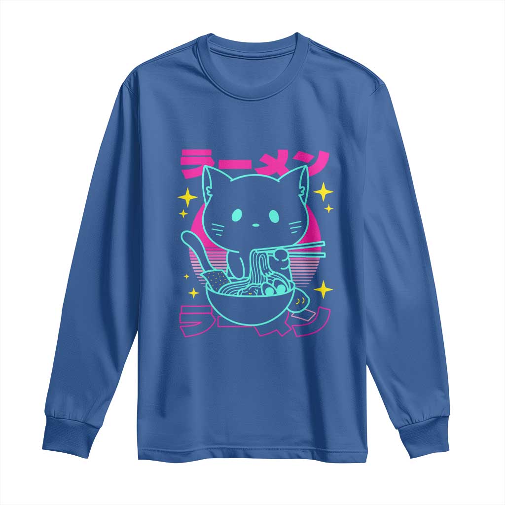 Kawaii Ramen Cat Long Sleeve Shirt Retro Japanese Noodles Lover Anime Aesthetic - Wonder Print Shop
