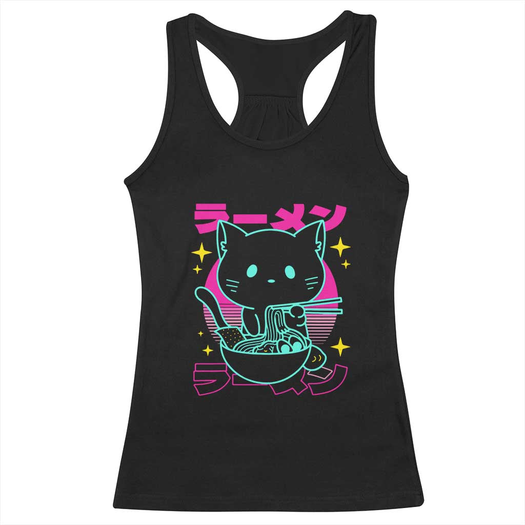 Kawaii Ramen Cat Racerback Tank Top Retro Japanese Noodles Lover Anime Aesthetic - Wonder Print Shop
