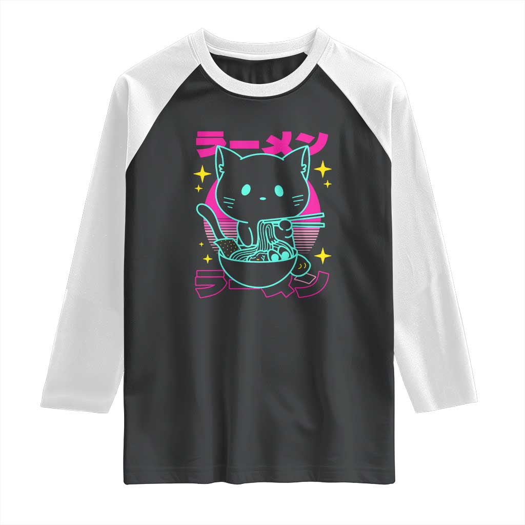 Kawaii Ramen Cat Raglan Shirt Retro Japanese Noodles Lover Anime Aesthetic - Wonder Print Shop