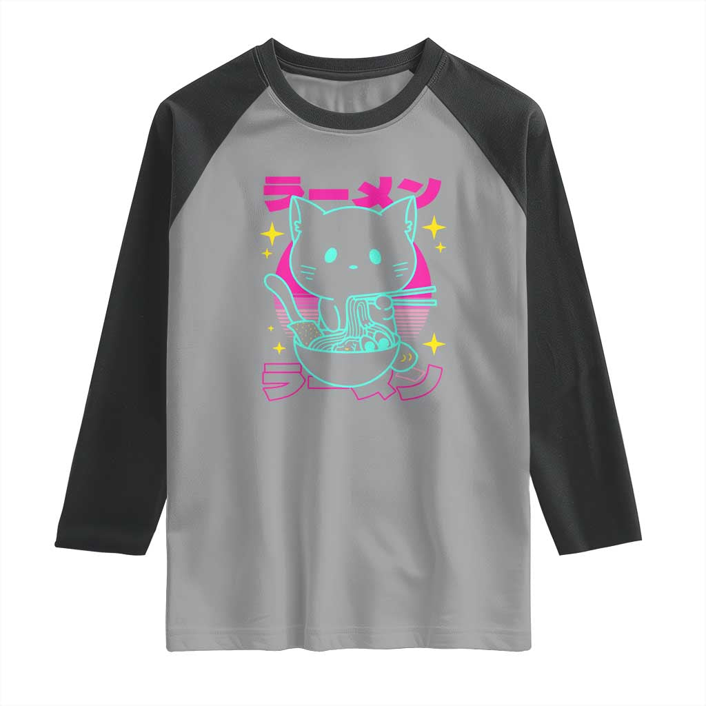 Kawaii Ramen Cat Raglan Shirt Retro Japanese Noodles Lover Anime Aesthetic - Wonder Print Shop