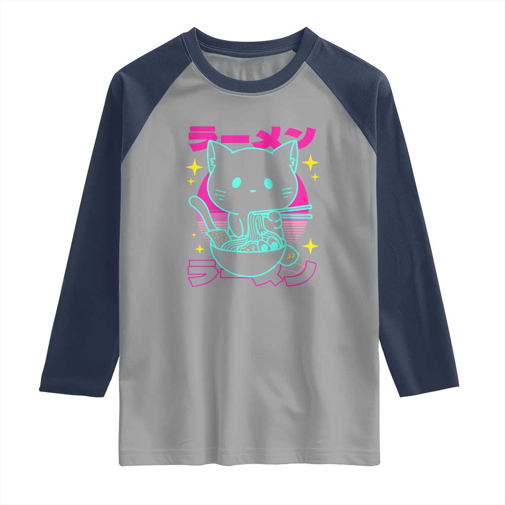 Kawaii Ramen Cat Raglan Shirt Retro Japanese Noodles Lover Anime Aesthetic - Wonder Print Shop