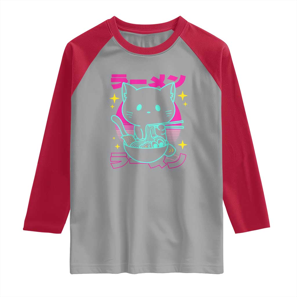 Kawaii Ramen Cat Raglan Shirt Retro Japanese Noodles Lover Anime Aesthetic - Wonder Print Shop