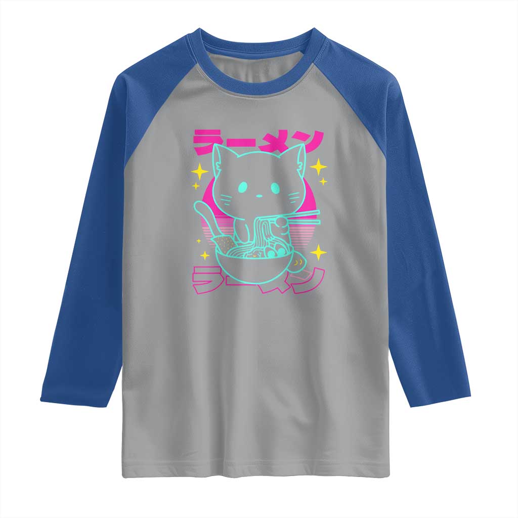 Kawaii Ramen Cat Raglan Shirt Retro Japanese Noodles Lover Anime Aesthetic - Wonder Print Shop