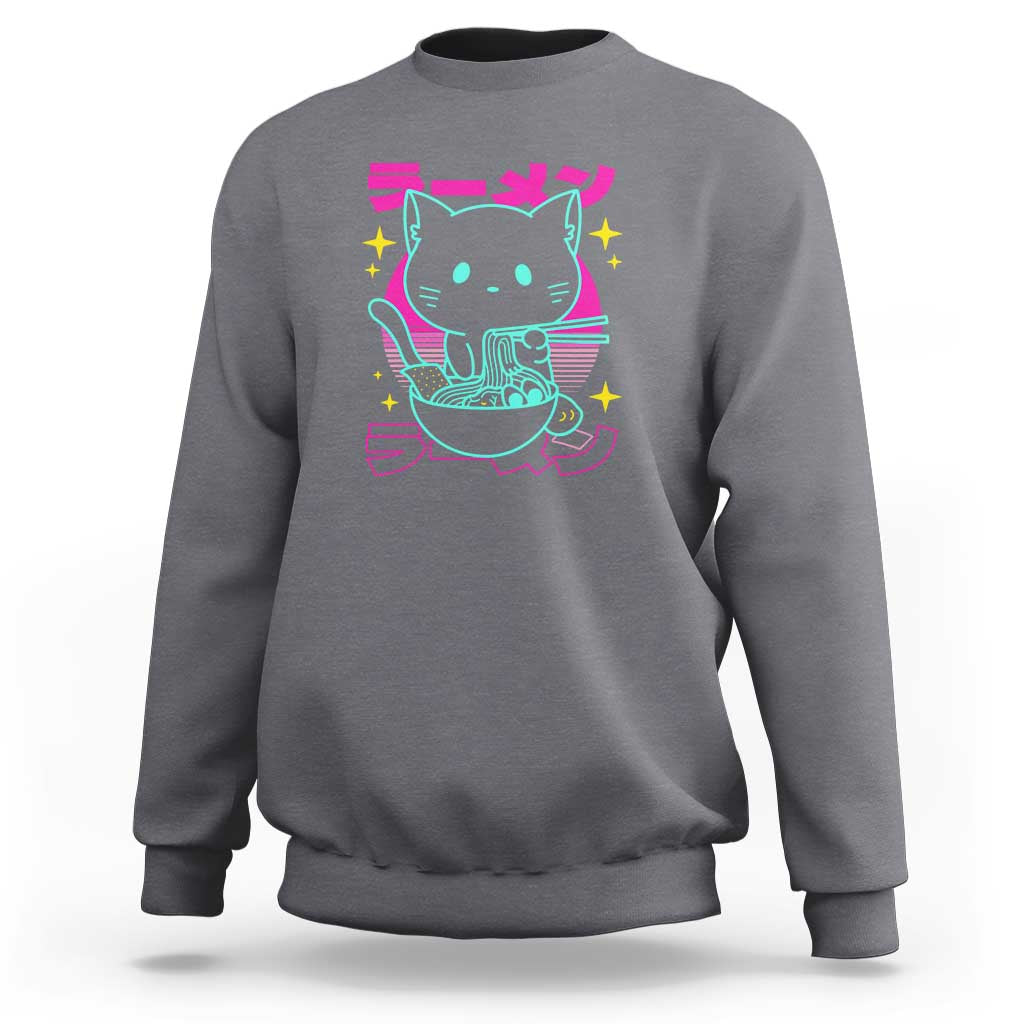 Kawaii Ramen Cat Sweatshirt Retro Japanese Noodles Lover Anime Aesthetic - Wonder Print Shop