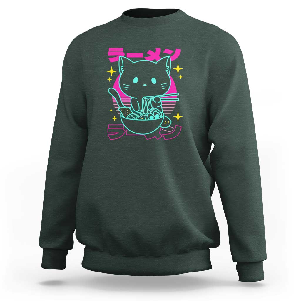 Kawaii Ramen Cat Sweatshirt Retro Japanese Noodles Lover Anime Aesthetic - Wonder Print Shop