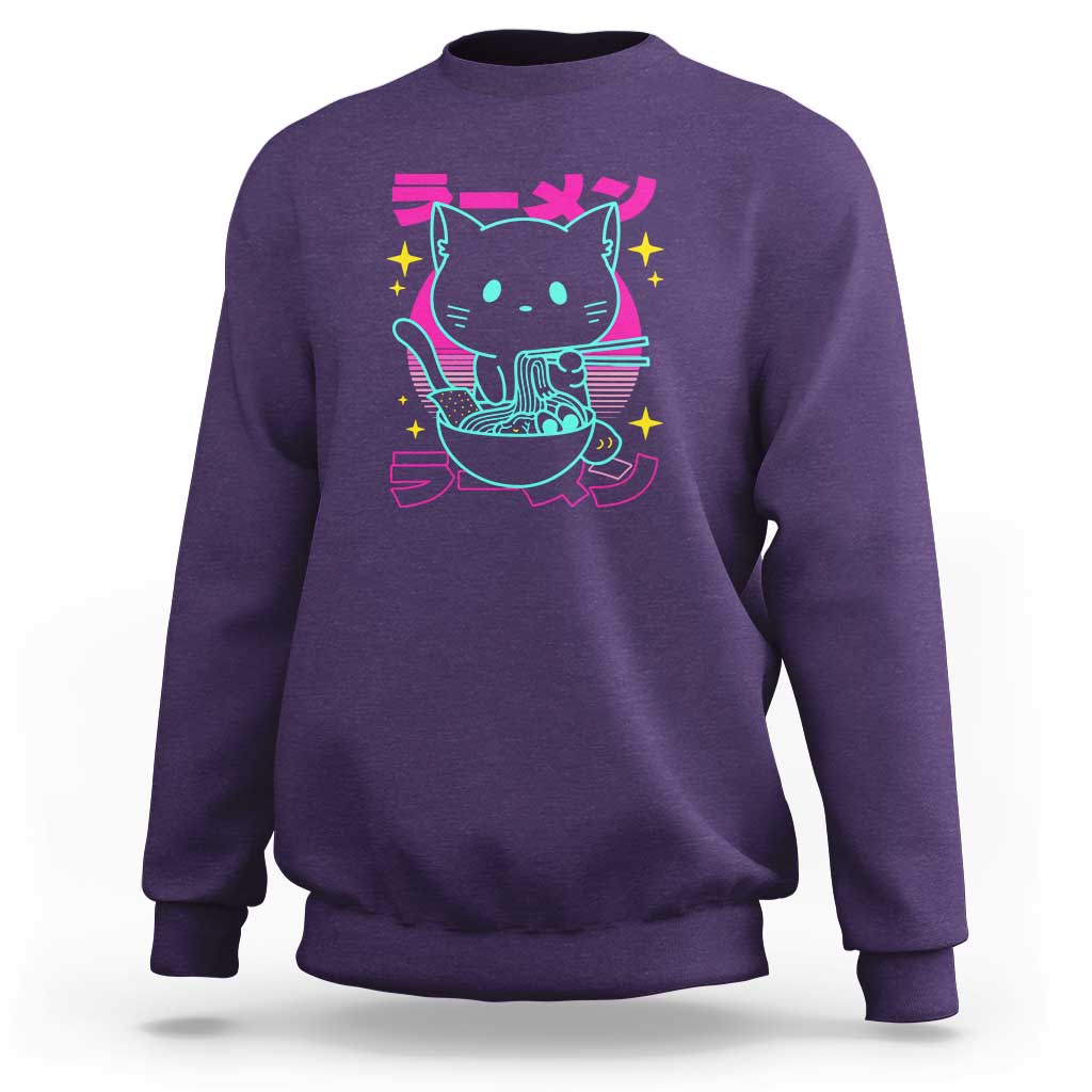 Kawaii Ramen Cat Sweatshirt Retro Japanese Noodles Lover Anime Aesthetic - Wonder Print Shop