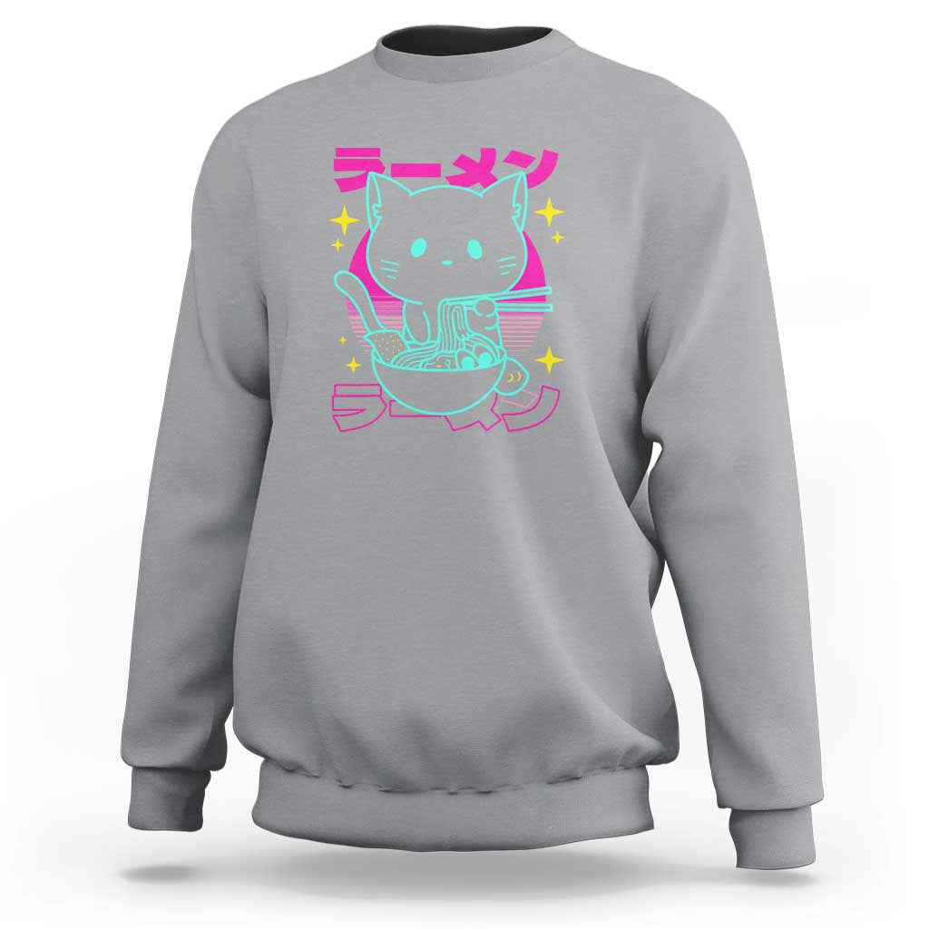 Kawaii Ramen Cat Sweatshirt Retro Japanese Noodles Lover Anime Aesthetic - Wonder Print Shop