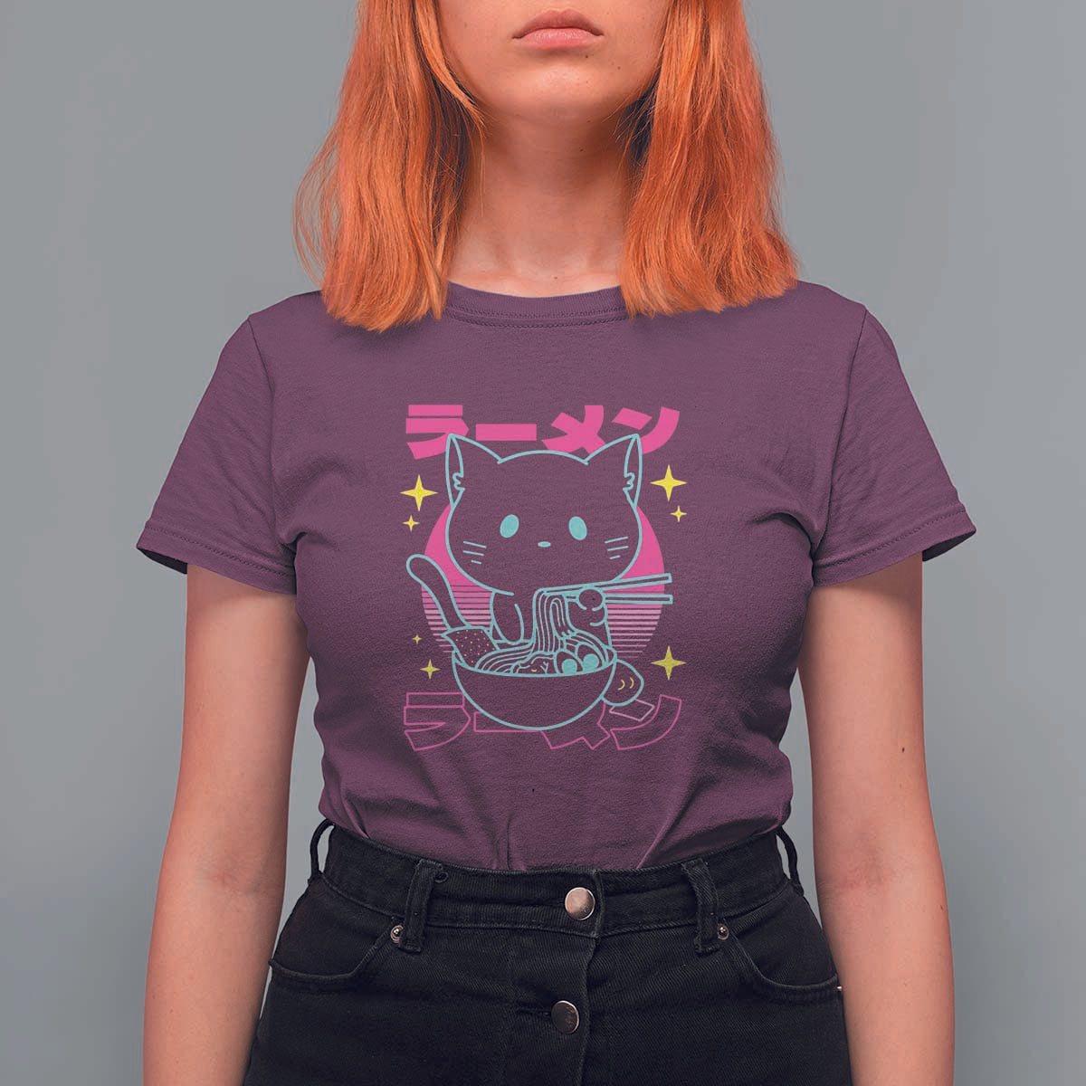 Kawaii Ramen Cat T Shirt For Women Retro Japanese Noodles Lover Anime Aesthetic - Wonder Print Shop