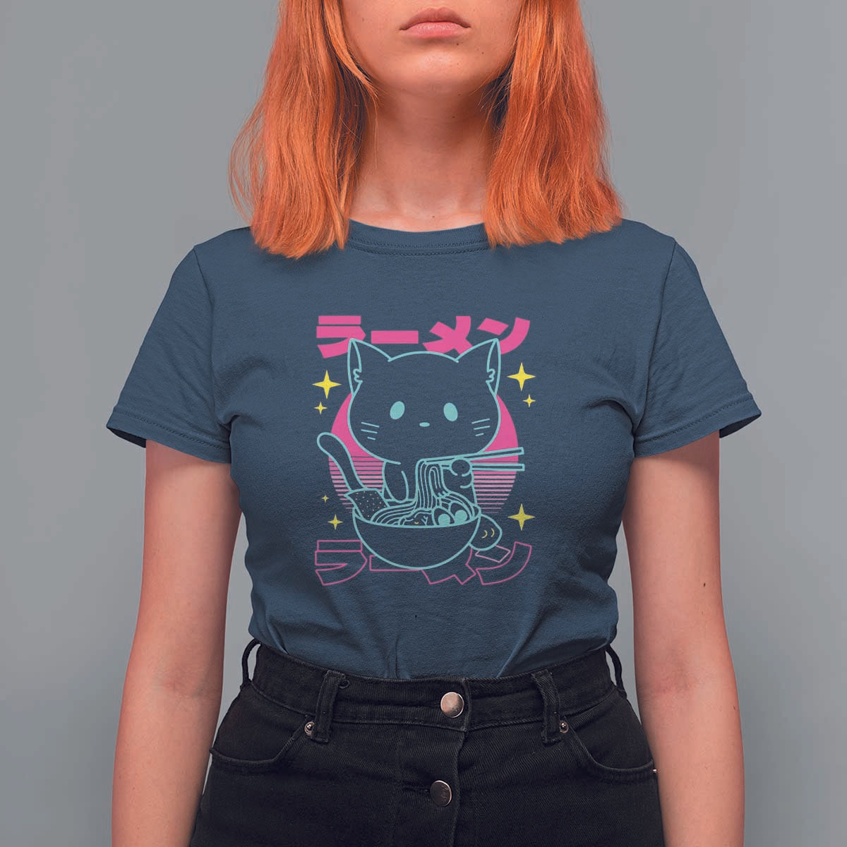 Kawaii Ramen Cat T Shirt For Women Retro Japanese Noodles Lover Anime Aesthetic - Wonder Print Shop
