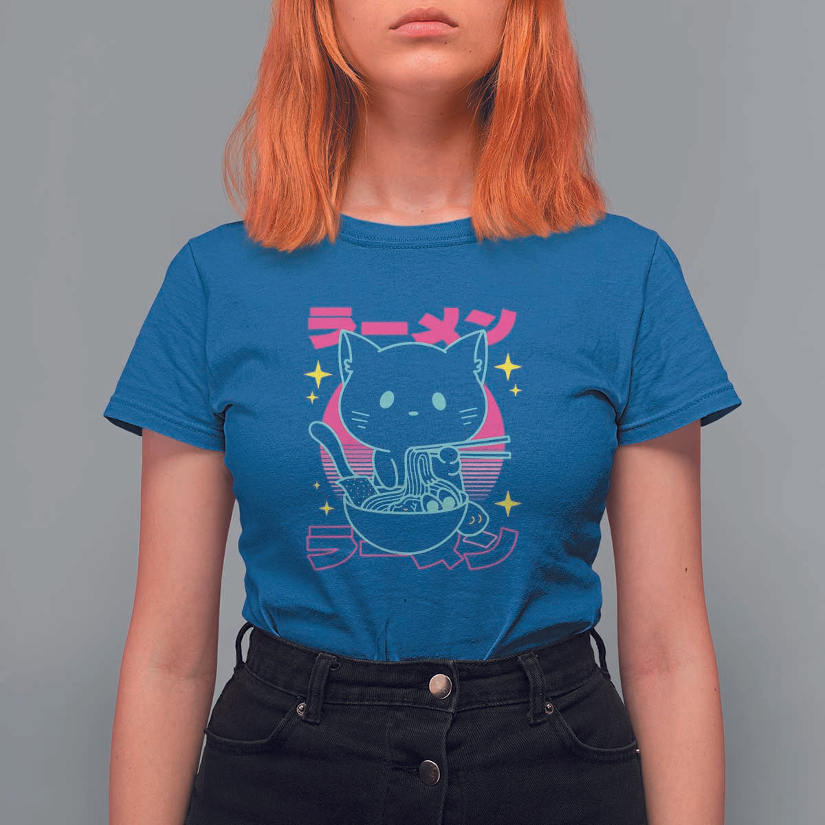 Kawaii Ramen Cat T Shirt For Women Retro Japanese Noodles Lover Anime Aesthetic - Wonder Print Shop