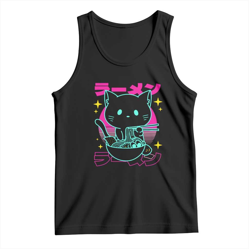 Kawaii Ramen Cat Tank Top Retro Japanese Noodles Lover Anime Aesthetic - Wonder Print Shop