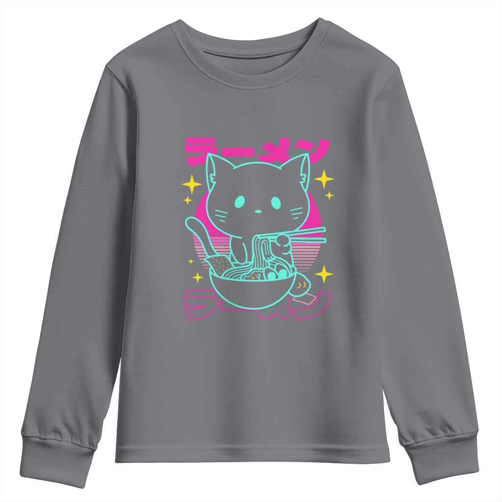 Kawaii Ramen Cat Youth Sweatshirt Retro Japanese Noodles Lover Anime Aesthetic - Wonder Print Shop