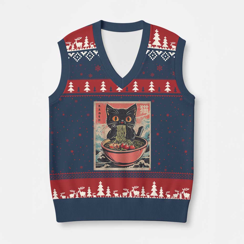 Cat Ramen Japanese Inspo Graphic V-Neck Knit Sweater Vest Funny Kawaii Cat Anime Gifts - Wonder Print Shop