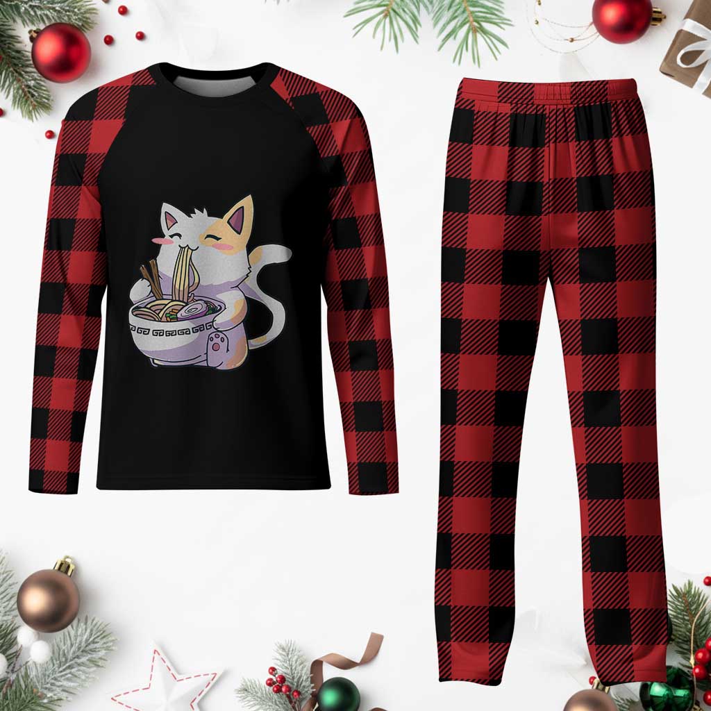Ramen Cat Kawaii Plaid Pajama Set Anime Japanese Neko Cute Graphic - Wonder Print Shop