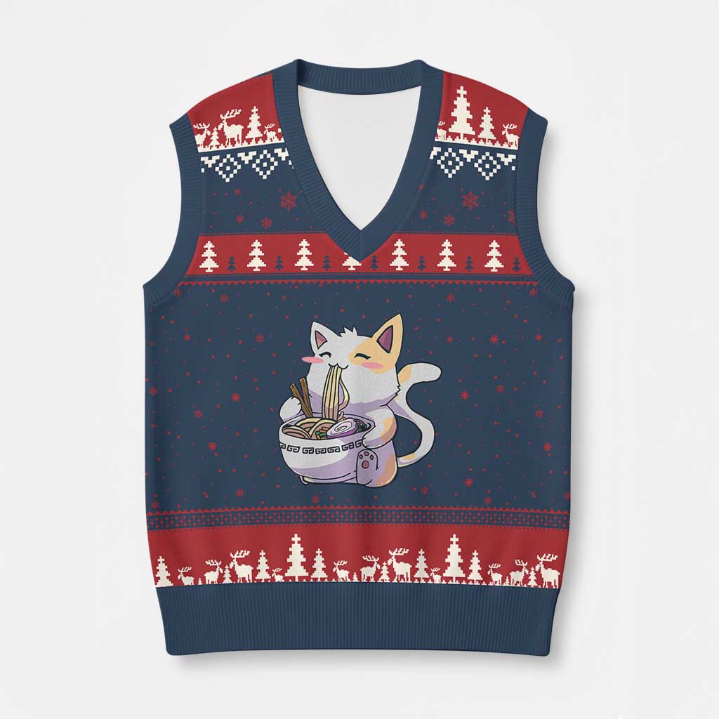 Ramen Cat Kawaii V-Neck Knit Sweater Vest Anime Japanese Neko Cute Graphic - Wonder Print Shop