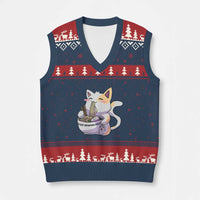Ramen Cat Kawaii V-Neck Knit Sweater Vest Anime Japanese Neko Cute Graphic - Wonder Print Shop