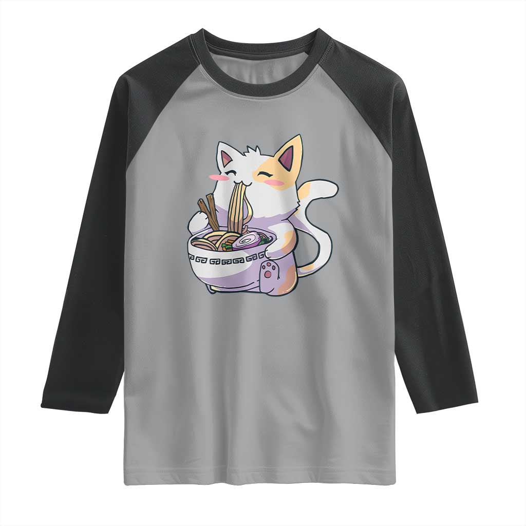 Ramen Cat Kawaii Raglan Shirt Anime Japanese Neko Cute Graphic - Wonder Print Shop