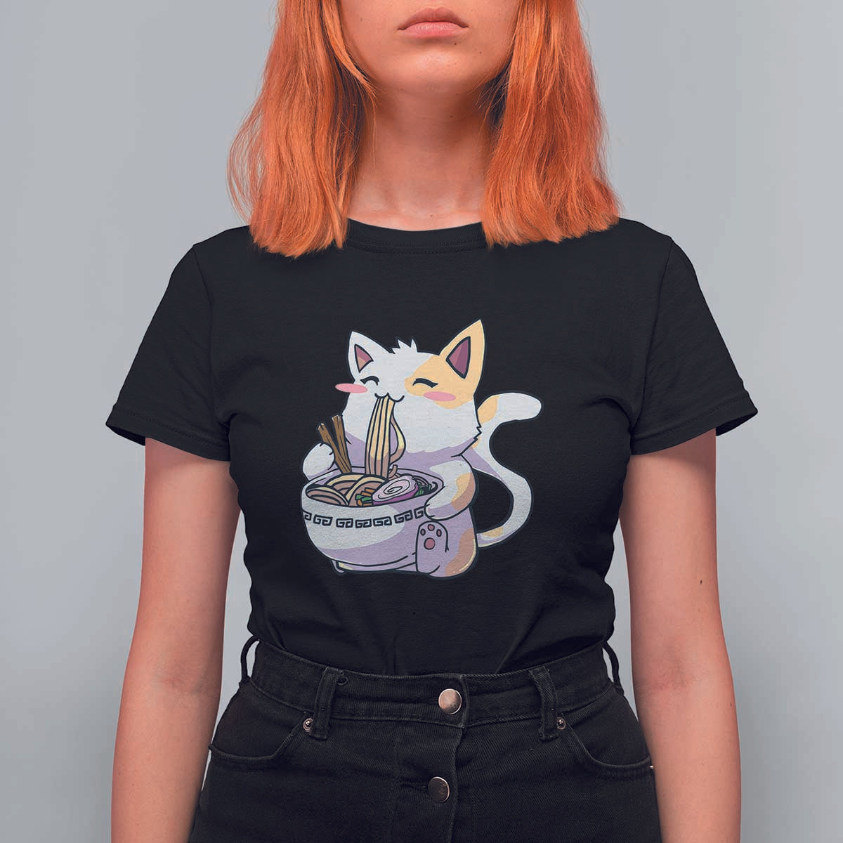 Ramen Cat Kawaii T Shirt For Women Anime Japanese Neko Cute Graphic - Wonder Print Shop