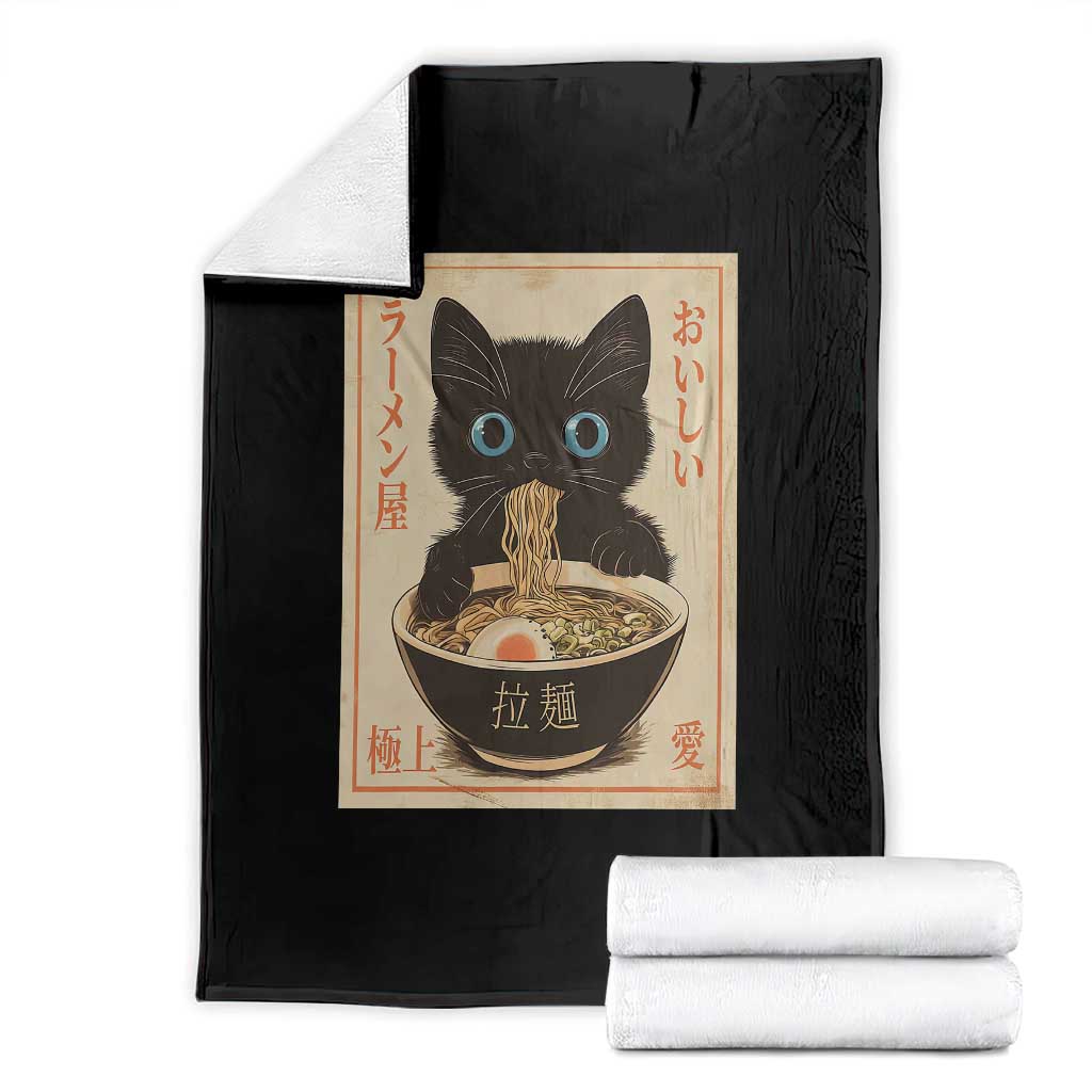 Vintage Kawaii Cat Ramen Graphic Throw Blanket Retro Japanese Anime Inspo - Wonder Print Shop