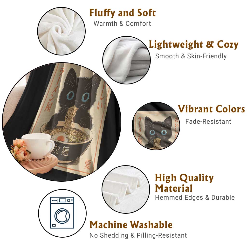 Vintage Kawaii Cat Ramen Graphic Throw Blanket Retro Japanese Anime Inspo - Wonder Print Shop