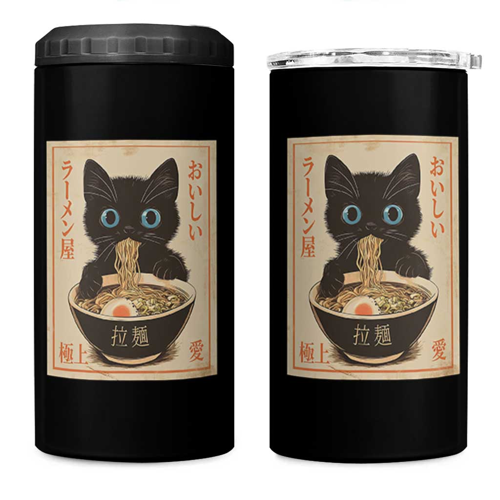 Vintage Kawaii Cat Ramen Graphic 4 in 1 Can Cooler Tumbler Retro Japanese Anime Inspo - Wonder Print Shop
