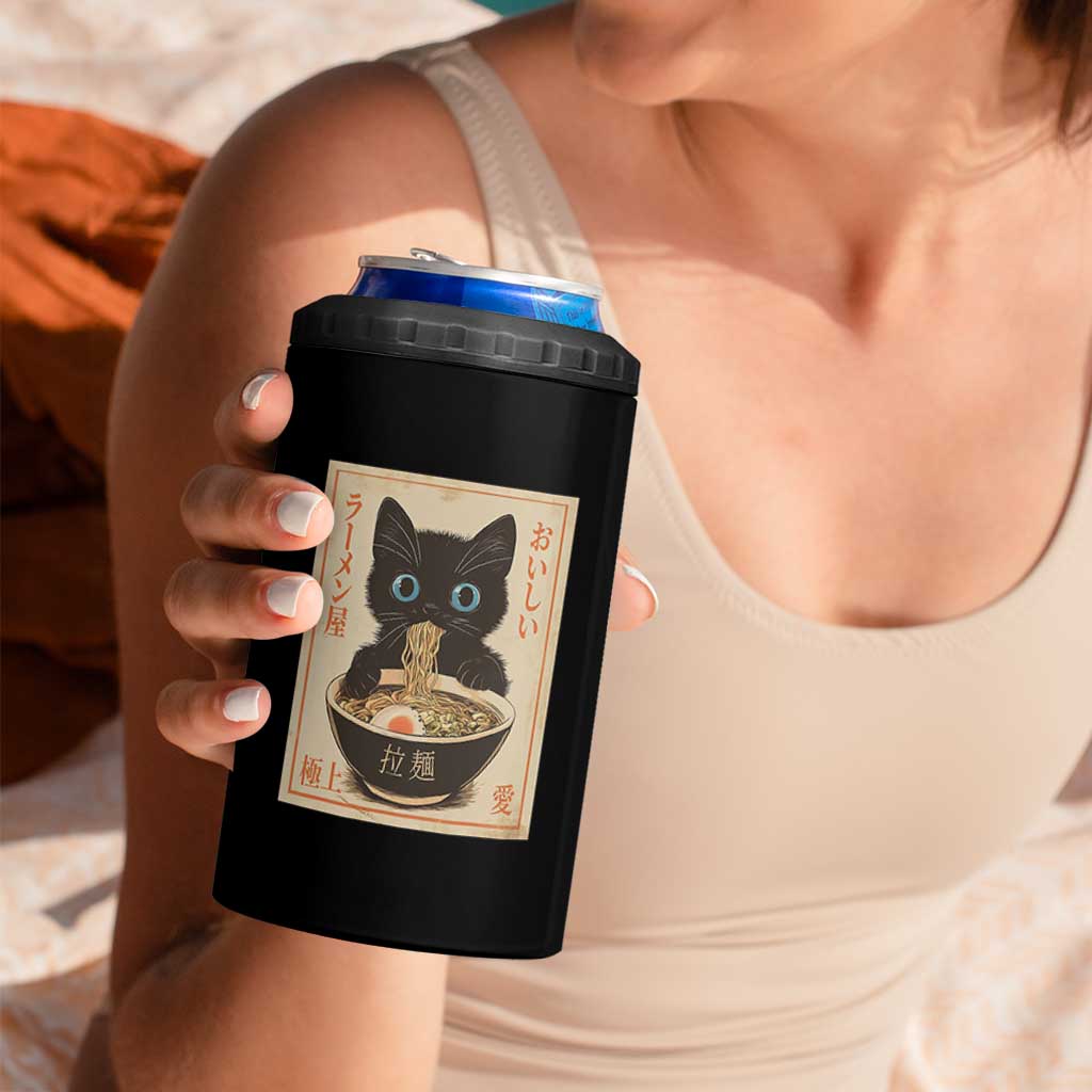 Vintage Kawaii Cat Ramen Graphic 4 in 1 Can Cooler Tumbler Retro Japanese Anime Inspo - Wonder Print Shop