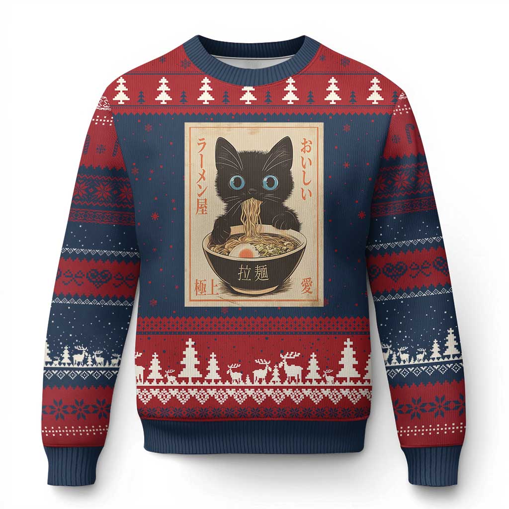 Vintage Kawaii Cat Ramen Graphic Ugly Christmas Sweater Retro Japanese Anime Inspo - Wonder Print Shop
