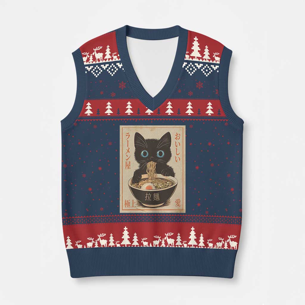 Vintage Kawaii Cat Ramen Graphic V-Neck Knit Sweater Vest Retro Japanese Anime Inspo - Wonder Print Shop