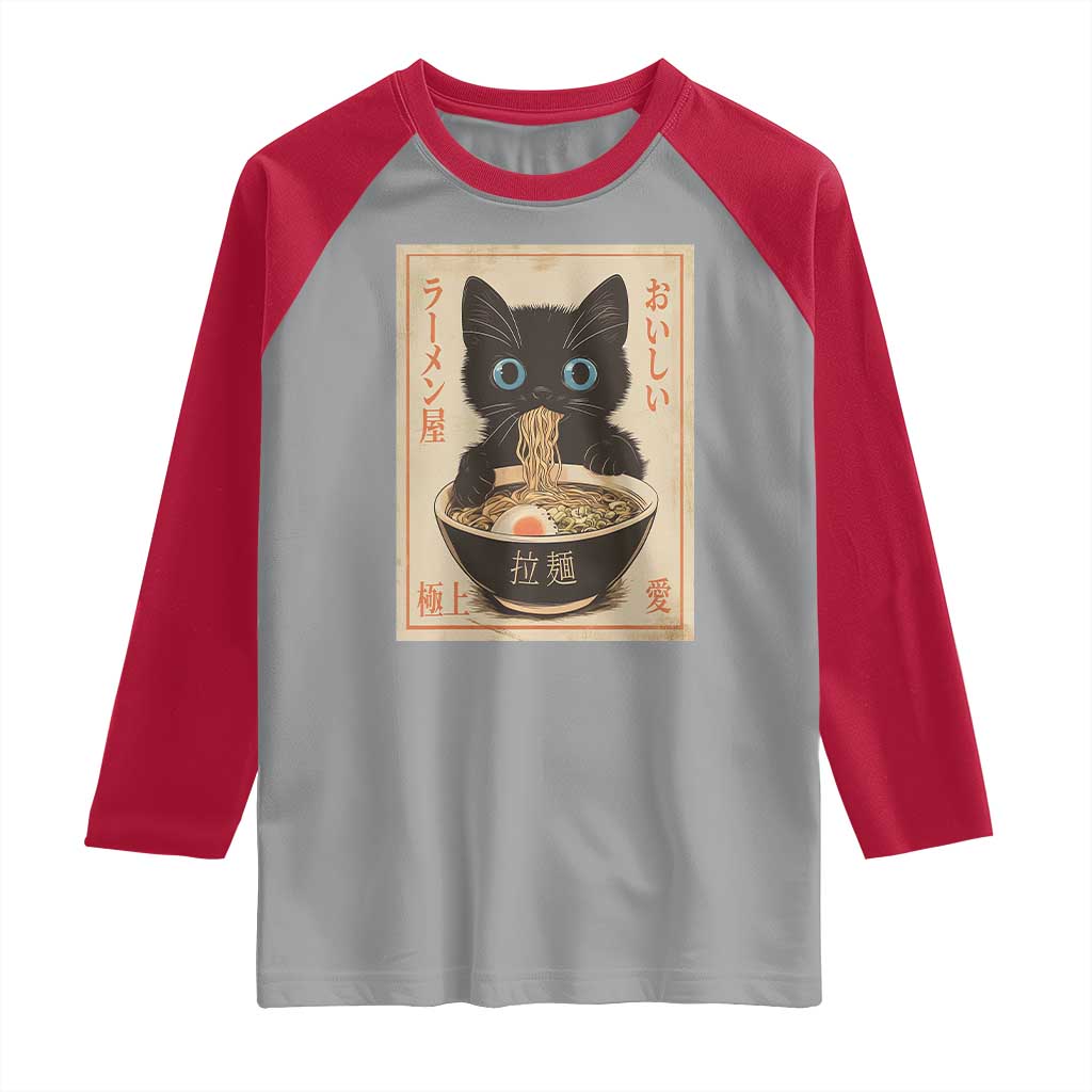 Vintage Kawaii Cat Ramen Graphic Raglan Shirt Retro Japanese Anime Inspo - Wonder Print Shop