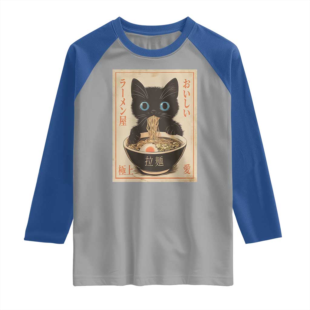 Vintage Kawaii Cat Ramen Graphic Raglan Shirt Retro Japanese Anime Inspo - Wonder Print Shop
