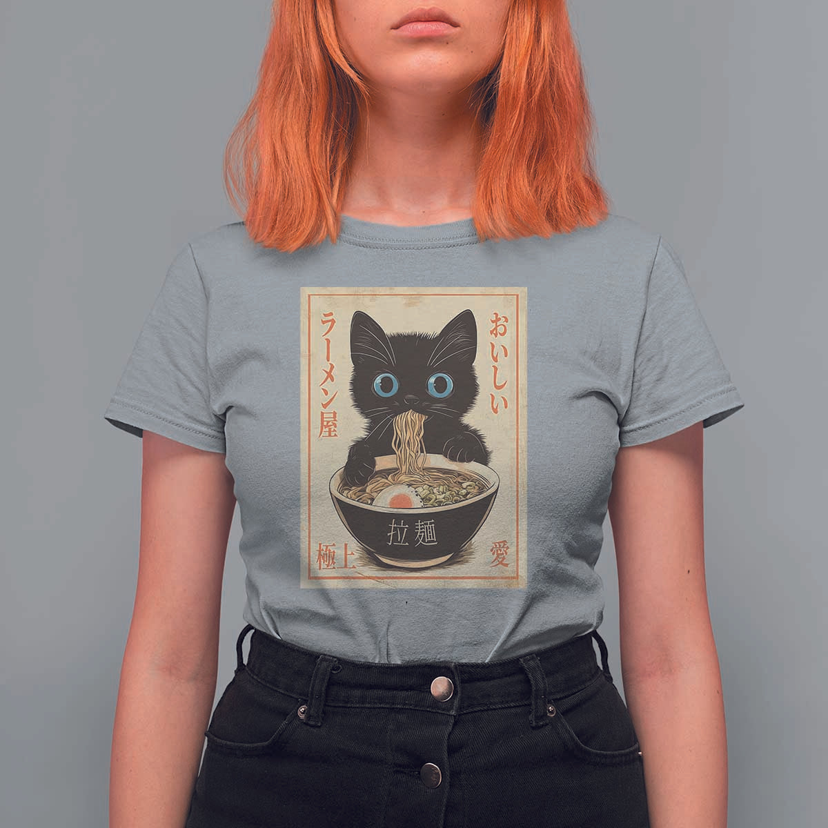 Vintage Kawaii Cat Ramen Graphic T Shirt For Women Retro Japanese Anime Inspo - Wonder Print Shop
