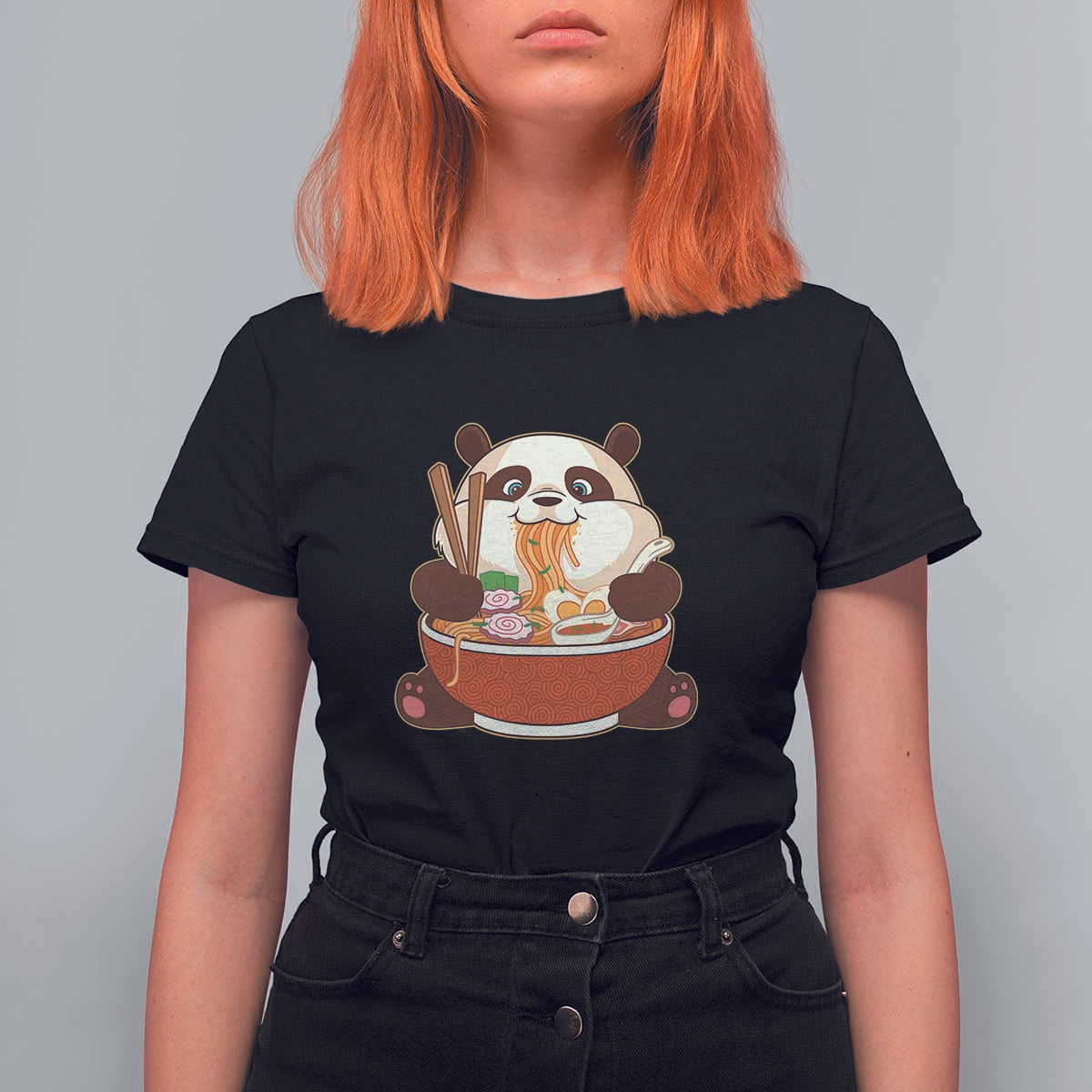 Kawaii Panda Eating Ramen Graphic T Shirt For Women Otaku Japanese Noodle Cute Anime Lover - Wonder Print Shop