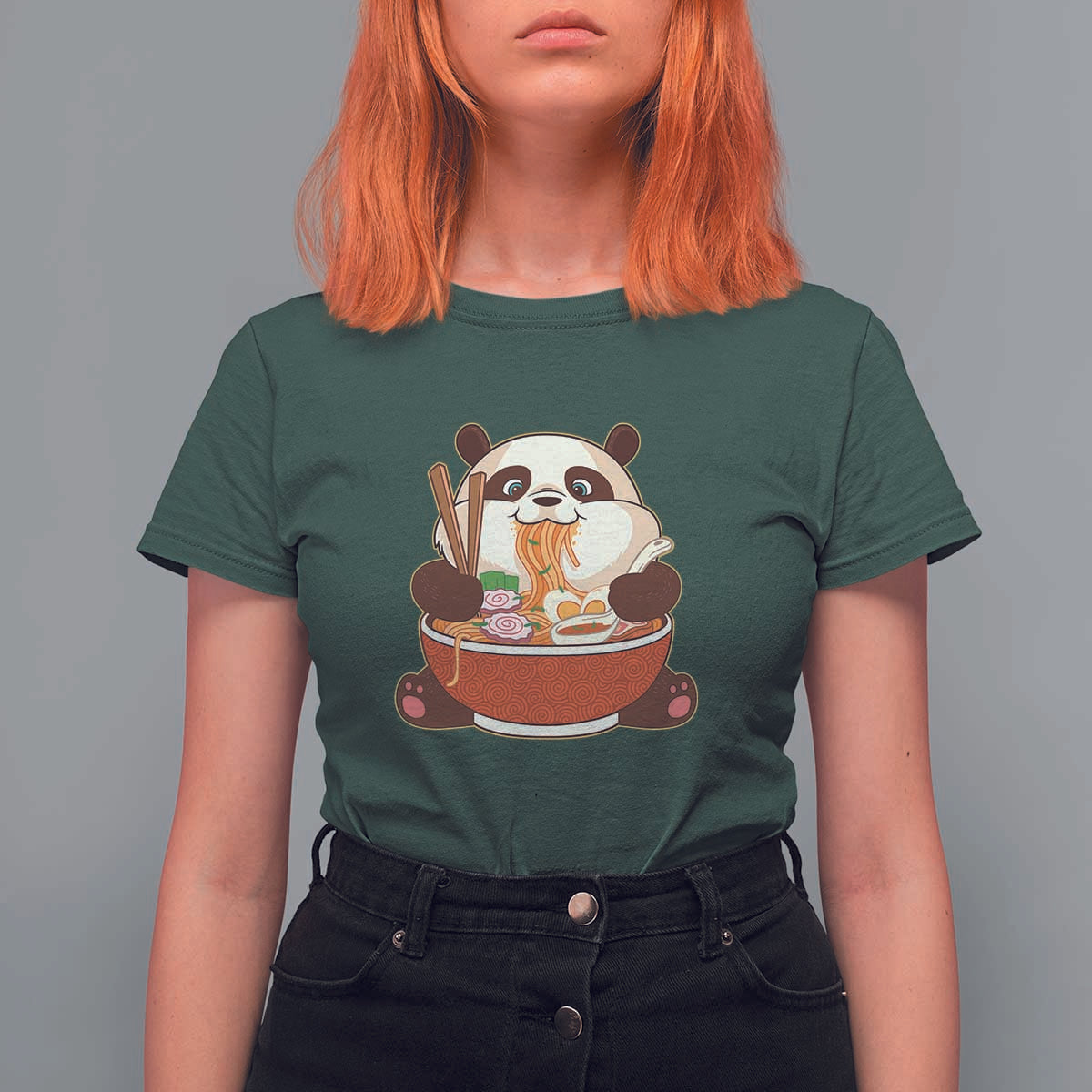 Kawaii Panda Eating Ramen Graphic T Shirt For Women Otaku Japanese Noodle Cute Anime Lover - Wonder Print Shop