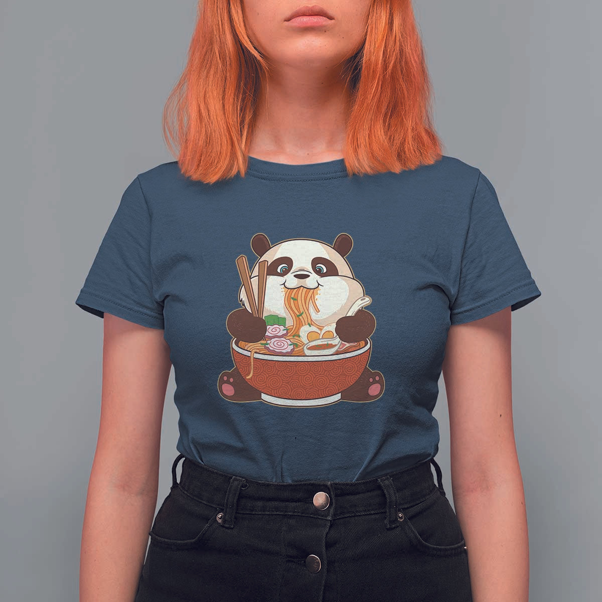 Kawaii Panda Eating Ramen Graphic T Shirt For Women Otaku Japanese Noodle Cute Anime Lover - Wonder Print Shop