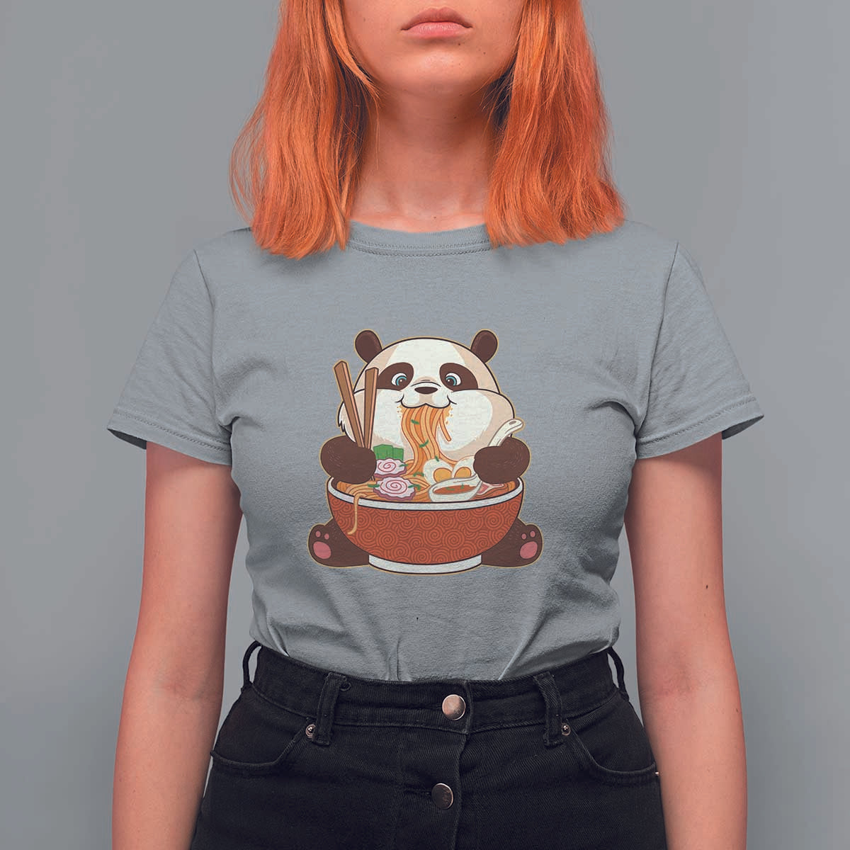 Kawaii Panda Eating Ramen Graphic T Shirt For Women Otaku Japanese Noodle Cute Anime Lover - Wonder Print Shop