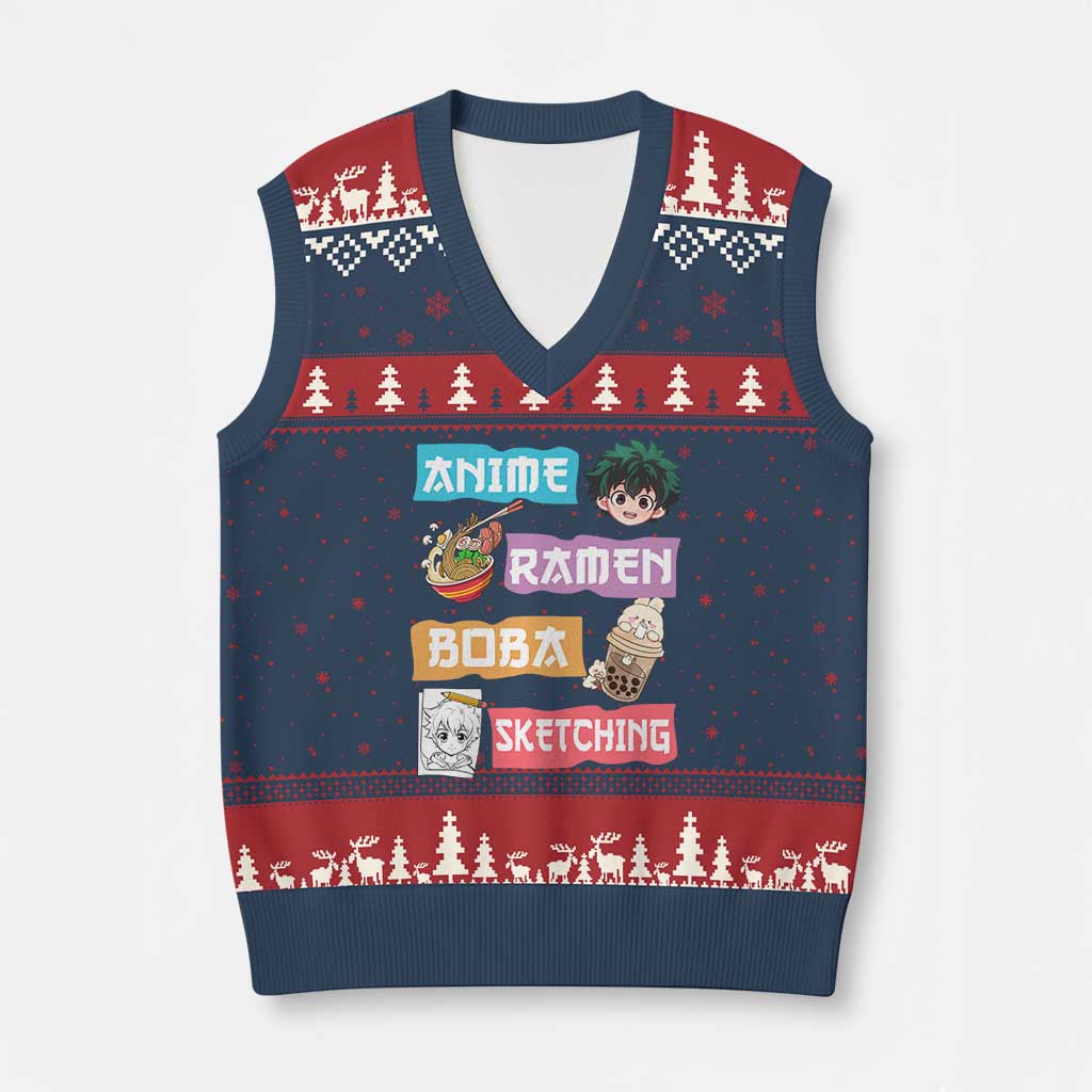 Anime Ramen Boba Sketching V-Neck Knit Sweater Vest Kawaii Otaku Anime Manga Japanese Pop Culture Cute Graphic - Wonder Print Shop