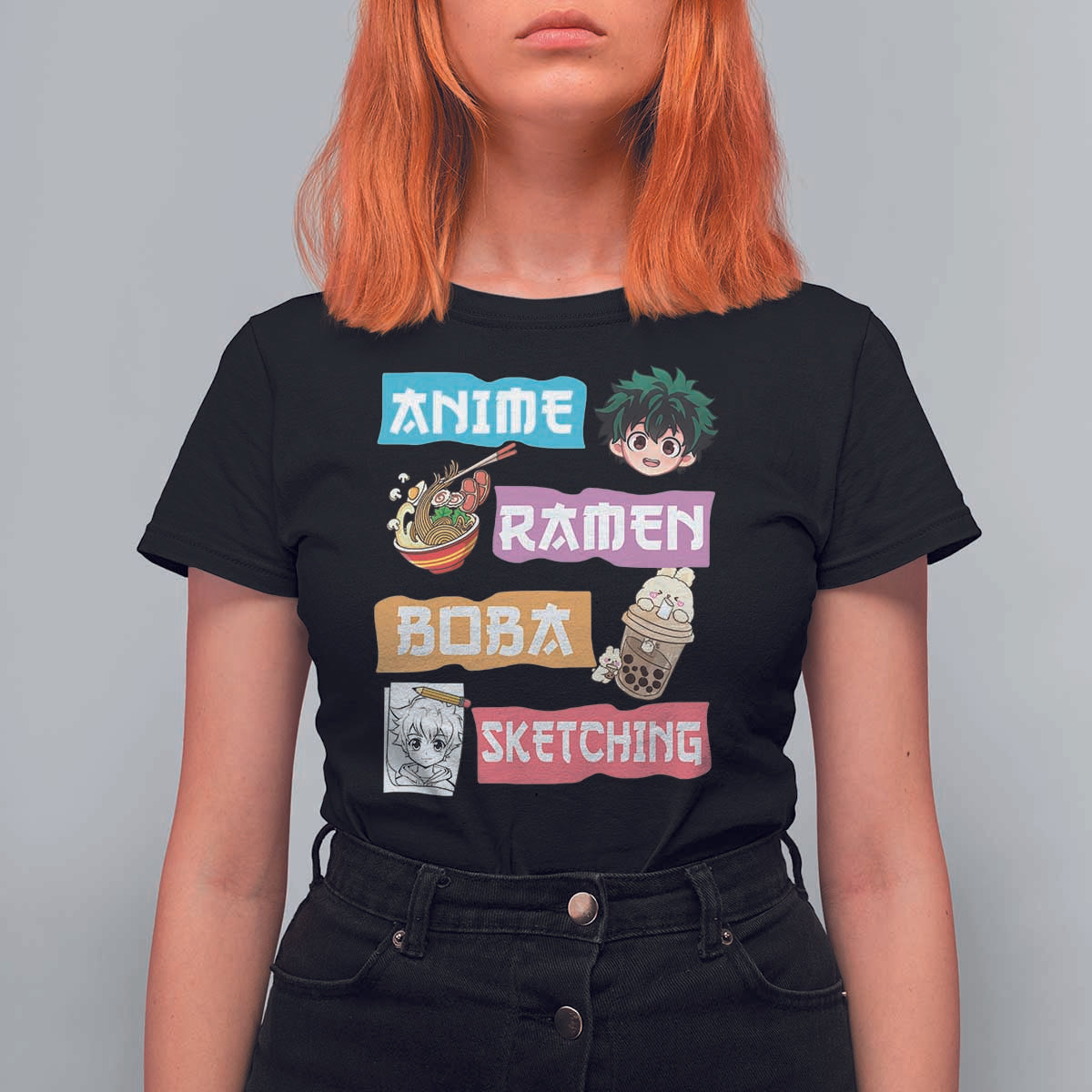 Anime Ramen Boba Sketching T Shirt For Women Kawaii Otaku Anime Manga Japanese Pop Culture Cute Graphic - Wonder Print Shop