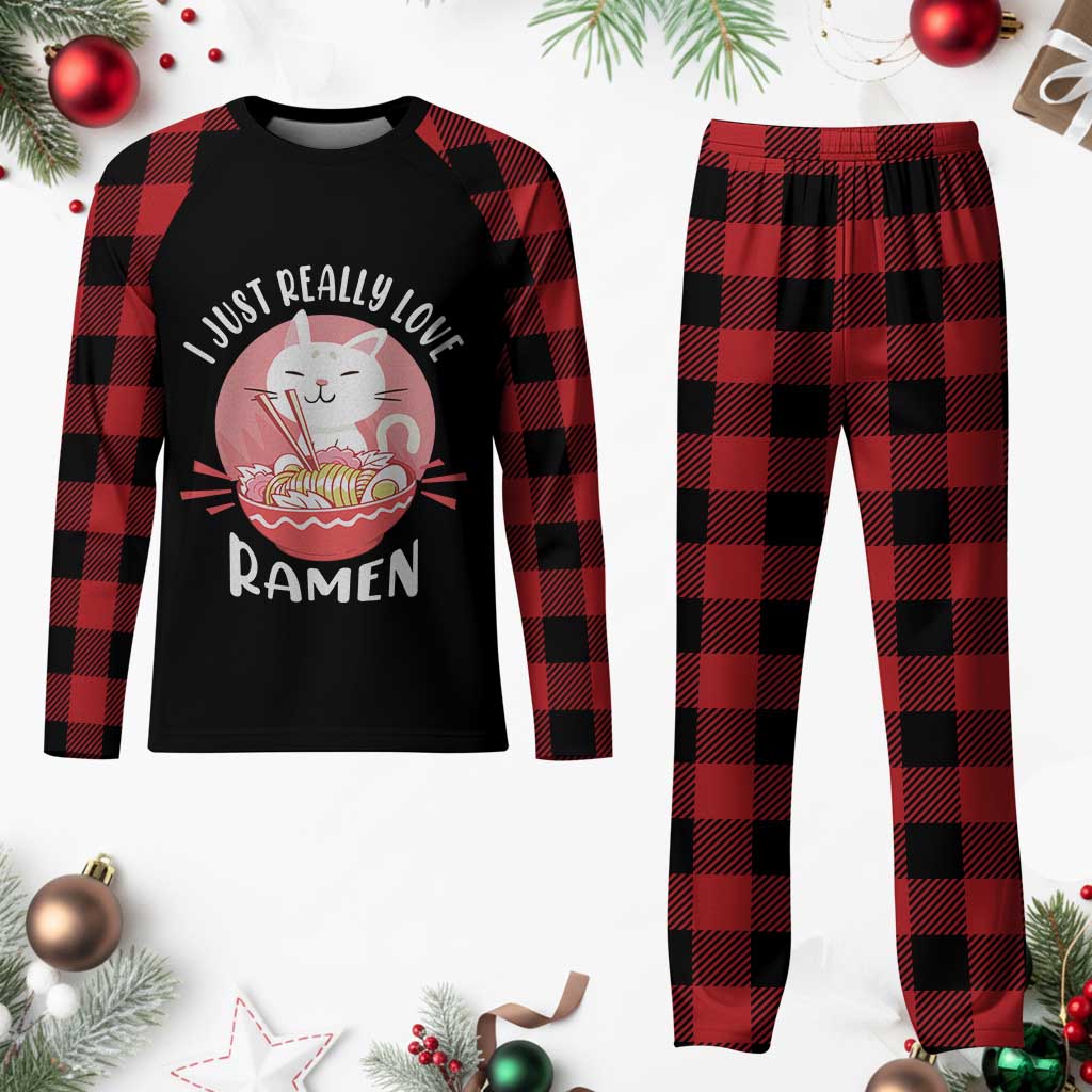 Funny Kawaii Cat Ramen Japanese Plaid Pajama Set I Just Really Love Ramen Otaku Manga Cute Graphic - Wonder Print Shop
