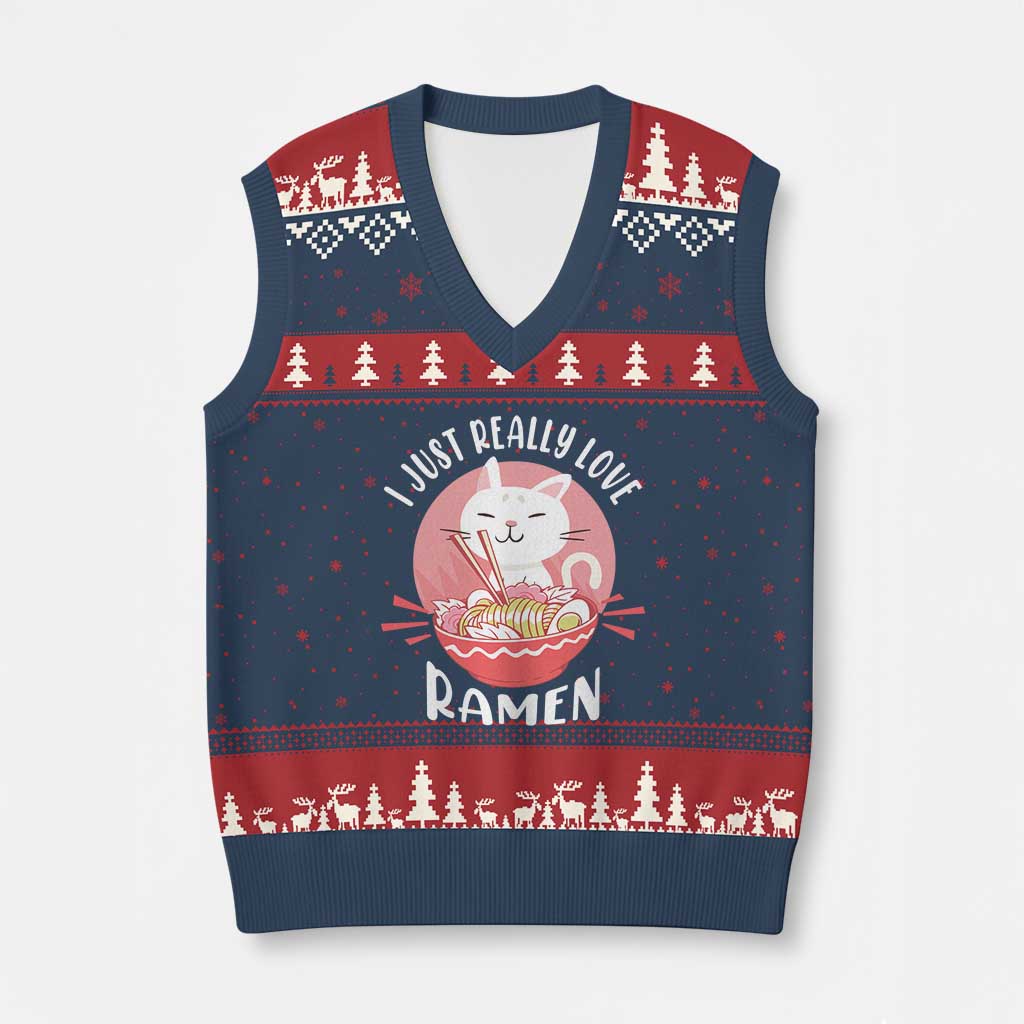 Funny Kawaii Cat Ramen Japanese V-Neck Knit Sweater Vest I Just Really Love Ramen Otaku Manga Cute Graphic - Wonder Print Shop