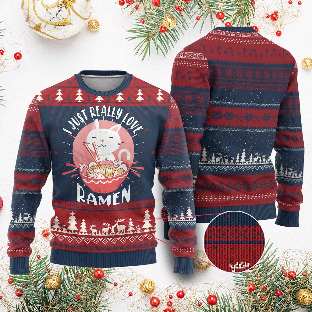 Funny Kawaii Cat Ramen Japanese Ugly Christmas Sweater I Just Really Love Ramen Otaku Manga Cute Graphic - Wonder Print Shop