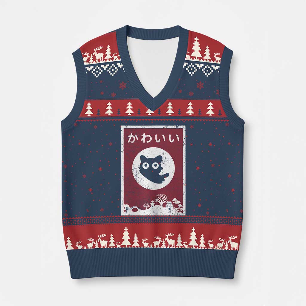Japanese Kawaii Cat V-Neck Knit Sweater Vest Anime Otaku Manga Japan Lover - Wonder Print Shop