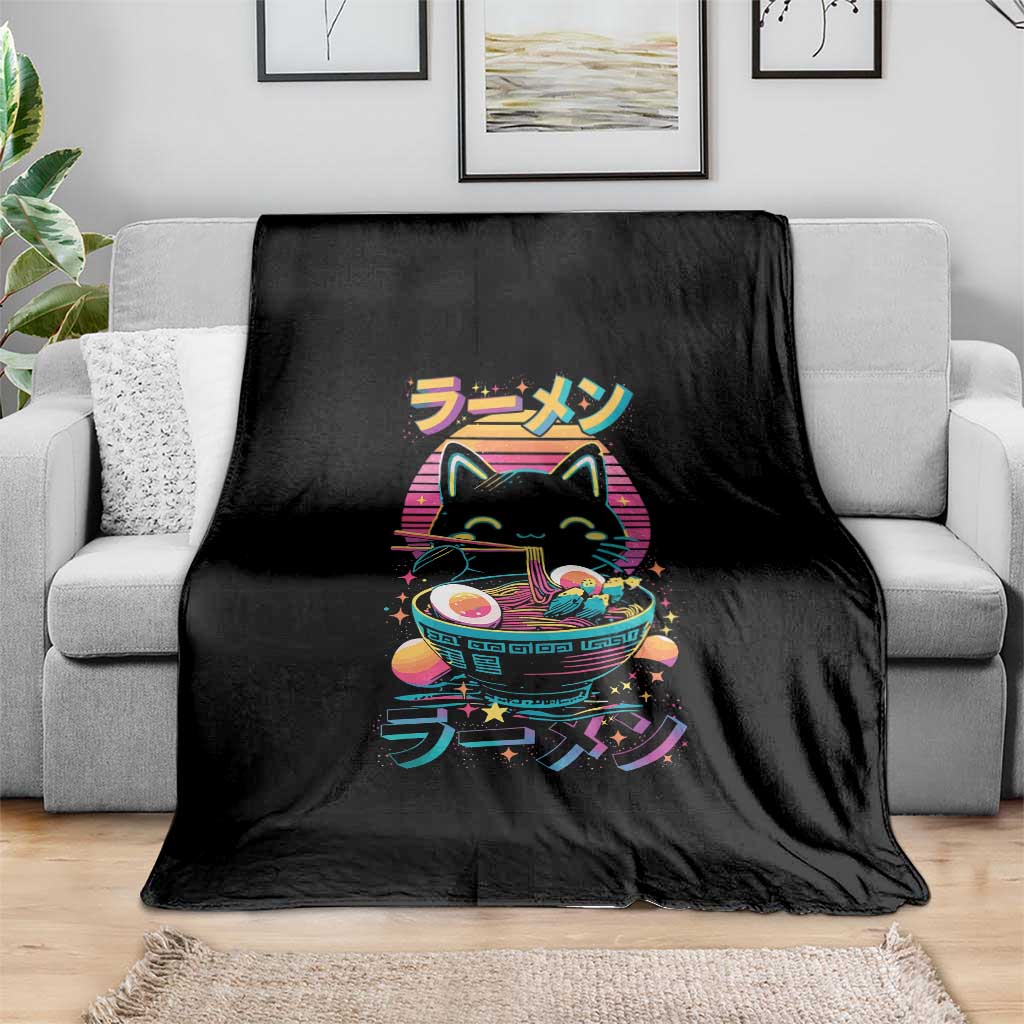 Retro Kawaii Ramen Cat Graphic Throw Blanket Cute Anime Japanese Japan Inspo - Wonder Print Shop