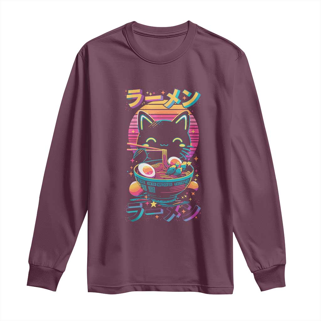Retro Kawaii Ramen Cat Graphic Long Sleeve Shirt Cute Anime Japanese Japan Inspo - Wonder Print Shop