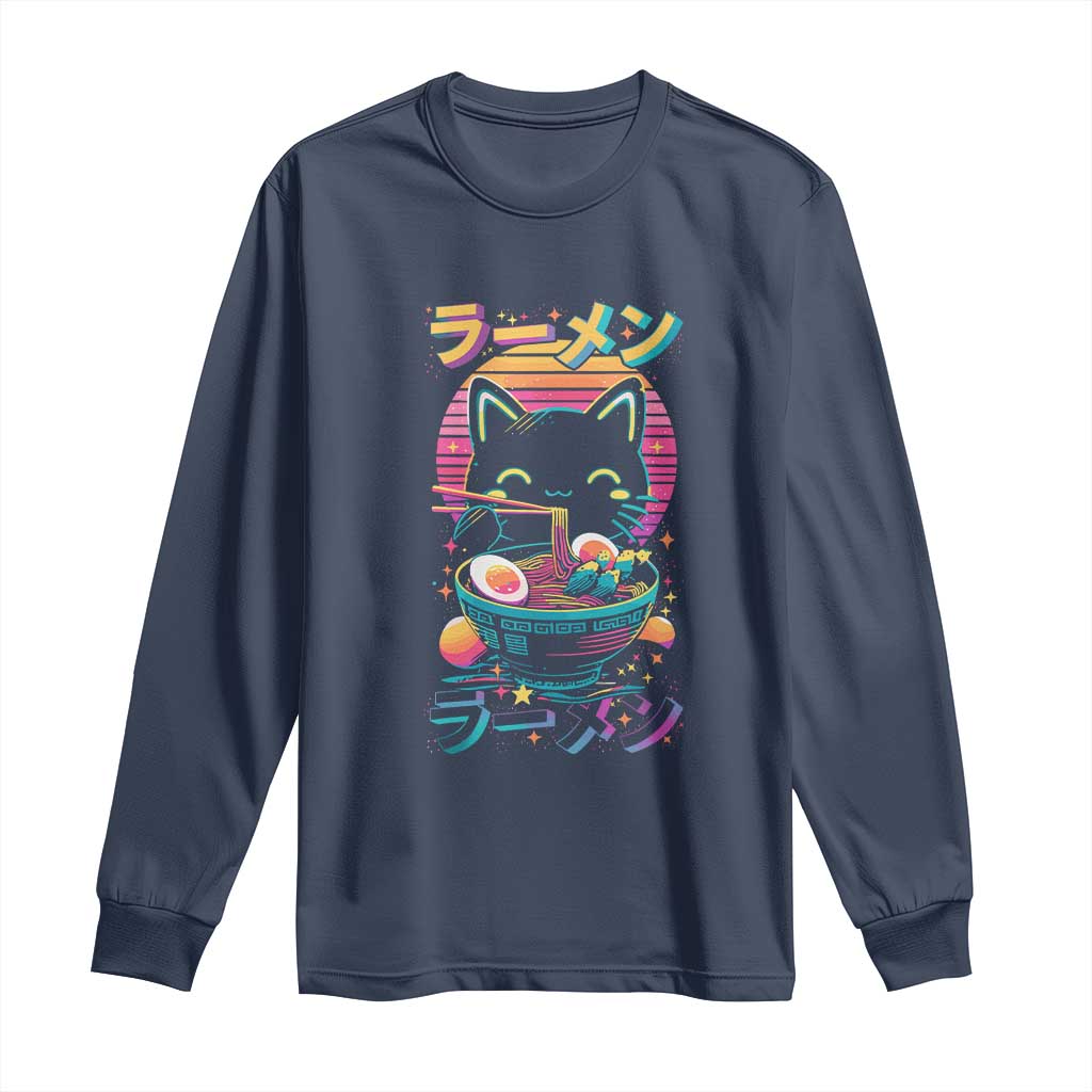 Retro Kawaii Ramen Cat Graphic Long Sleeve Shirt Cute Anime Japanese Japan Inspo - Wonder Print Shop