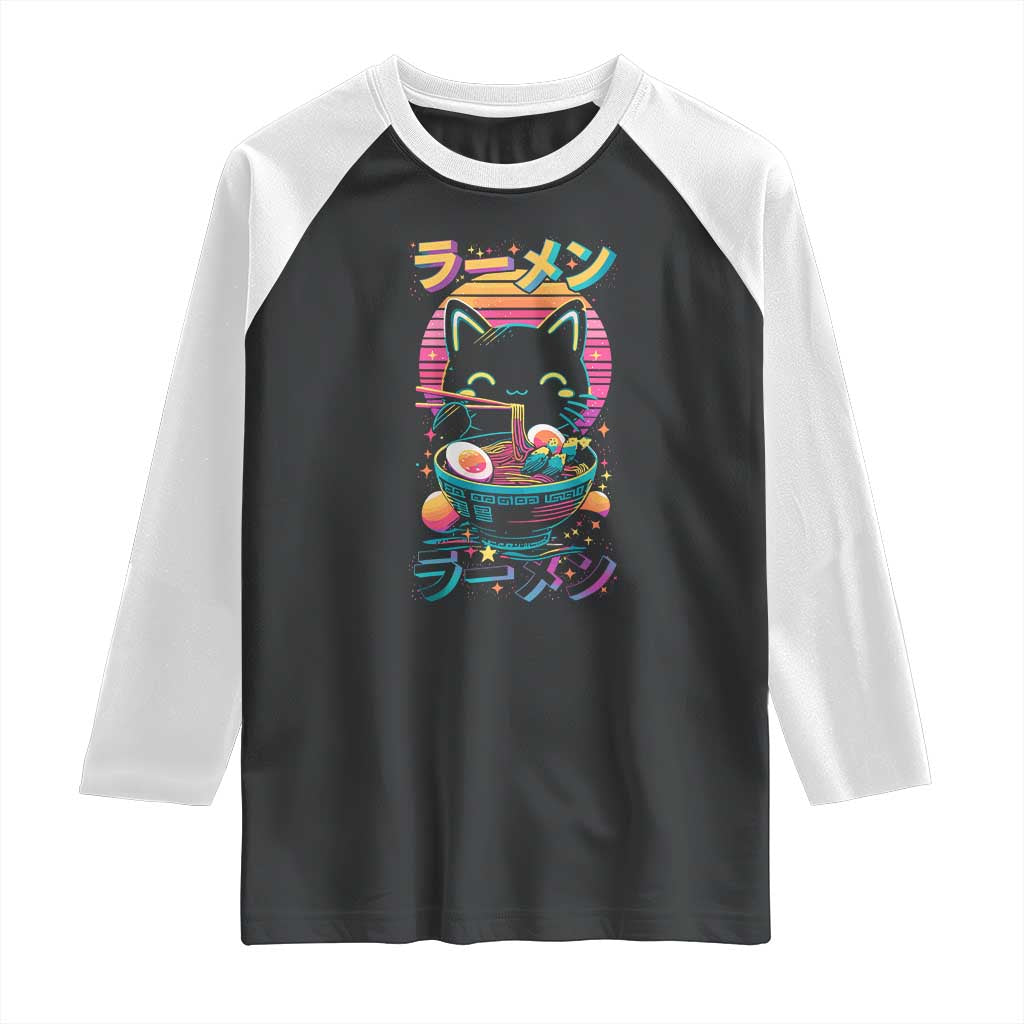 Retro Kawaii Ramen Cat Graphic Raglan Shirt Cute Anime Japanese Japan Inspo - Wonder Print Shop