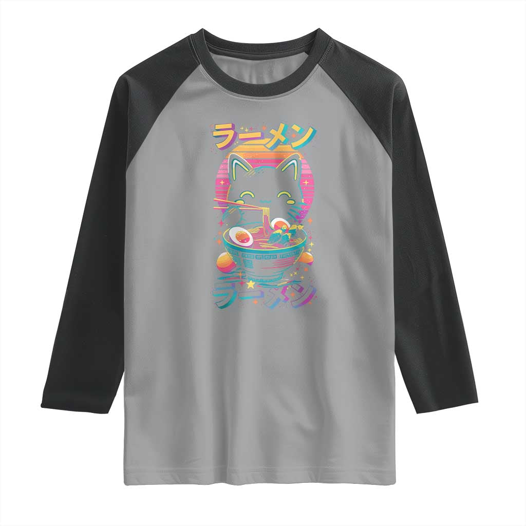 Retro Kawaii Ramen Cat Graphic Raglan Shirt Cute Anime Japanese Japan Inspo - Wonder Print Shop