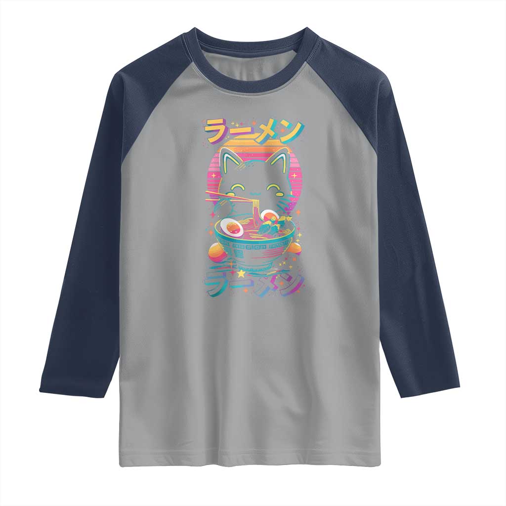 Retro Kawaii Ramen Cat Graphic Raglan Shirt Cute Anime Japanese Japan Inspo - Wonder Print Shop