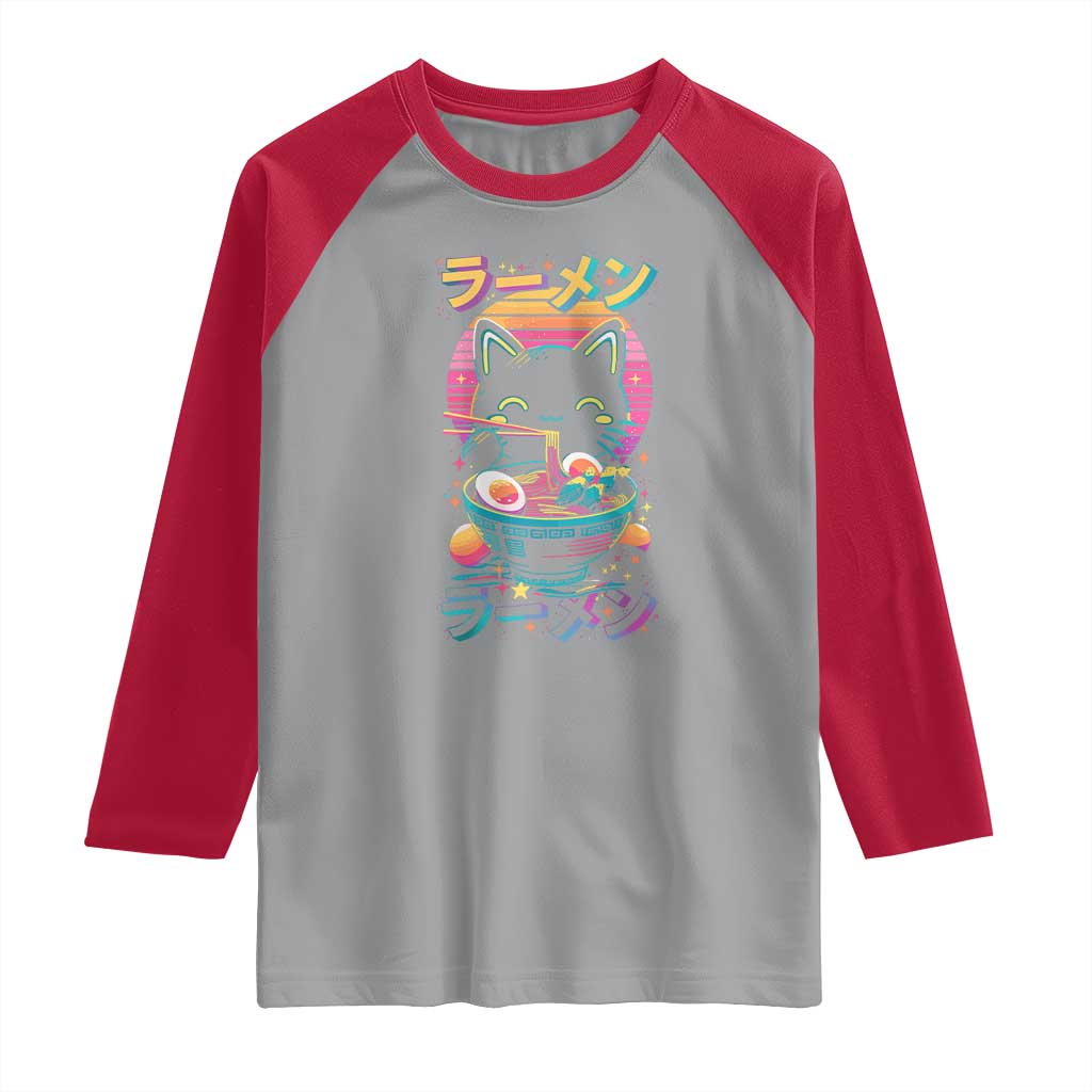 Retro Kawaii Ramen Cat Graphic Raglan Shirt Cute Anime Japanese Japan Inspo - Wonder Print Shop