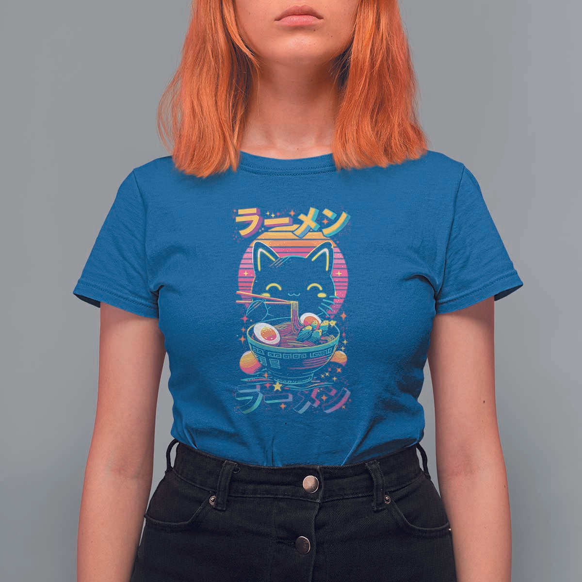 Retro Kawaii Ramen Cat Graphic T Shirt For Women Cute Anime Japanese Japan Inspo - Wonder Print Shop